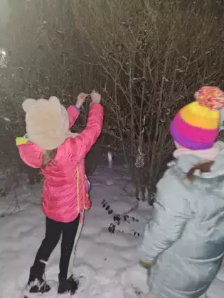 Dziewczyny wieszają szyszki dla ptaków na krzaku.