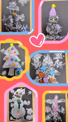 Kolaż zdjęć przedstawiający zimowe prace plastyczne