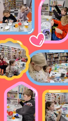 Kolaż zdjęć przedstawiający zimowe prace plastyczne