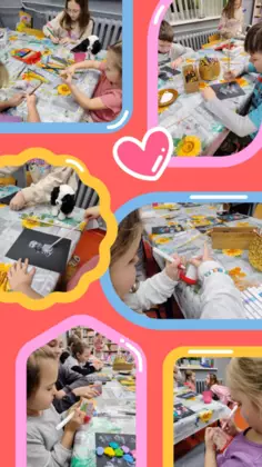 Kolaż zdjęć przedstawiający zimowe prace plastyczne.