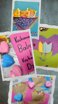 Kolaż zdjęć wykonanych laurek dla babci i dziadka.