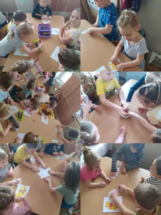 Kolaż zdjęć z zajęć bibliotecznych.