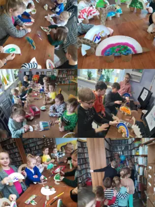 Kolaż zdjęć z zajęć bibliotecznych.