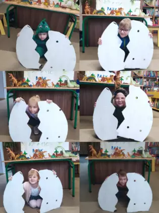 Kolaż zdjęć przedszkolaków w jajku dinozaura.