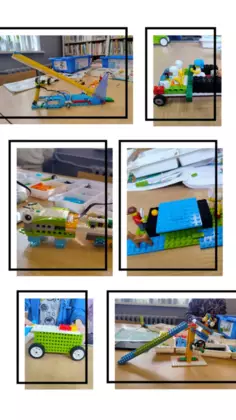 Kolaż zdjęć z zajęć robotyki LEGO.
