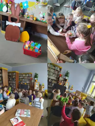 Kolaż zdjęć z zajęć bibliotecznych.