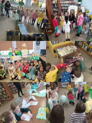 Kolaż zdjęć z zajęć w bibliotece.