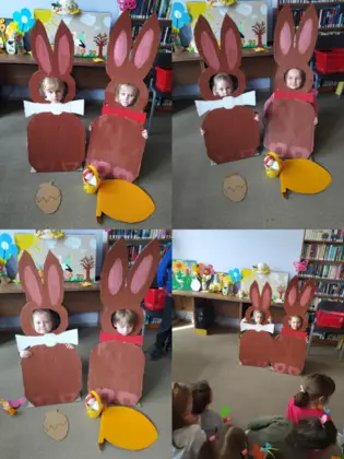 Kolaż zdjęć z zajęć bibliotecznych.