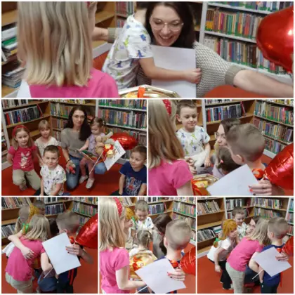 Mozaika zdjęć na których Pani bibliotekarka przytulana jest przez dzieci przedszkola z okazji Międzynarodowego Dnia Przytulania Bibliotekarza