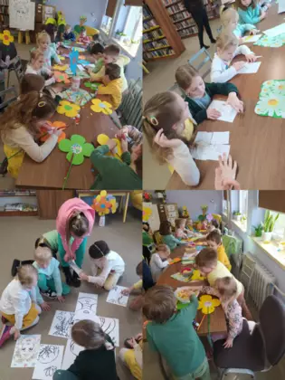 Kolaż zdjęć z zajęć w bibliotece.