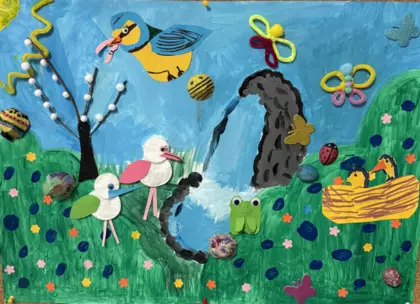 Obraz wykonany przez dziewczyny na zajęciach przedstawiający wiosnę.