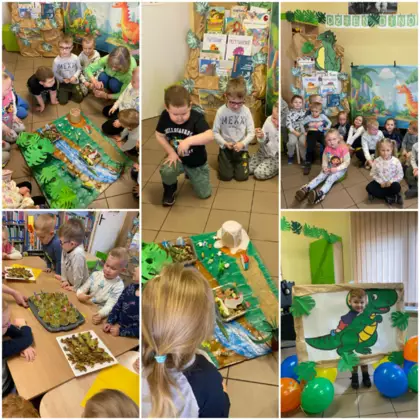 Kolaż zdjęć z zajęć bibliotecznych.