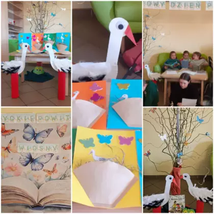 Kolaż zdjęć z zajęć bibliotecznych.