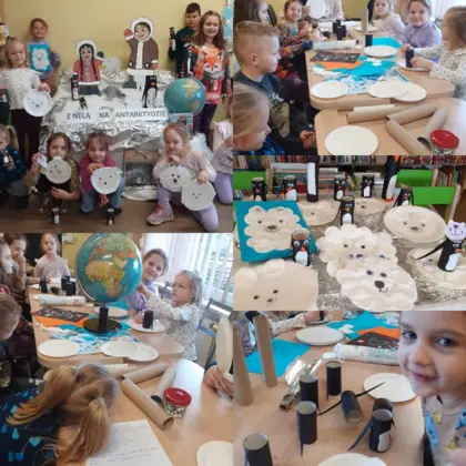 Kolaż zdjęć z zajęć bibliotecznych.