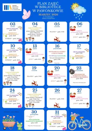 PLAN ZAJĘĆ W BIBLIOTECE W PAWONKOWIE - MARZEC 2026