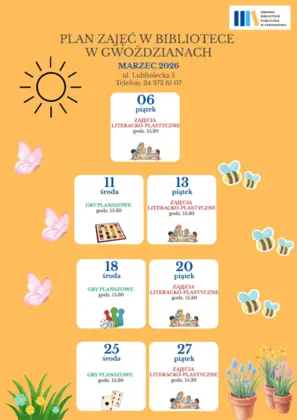 PLAN ZAJĘĆ W BIBLIOTECE W GWOŹDZIANACH - MARZEC 2026