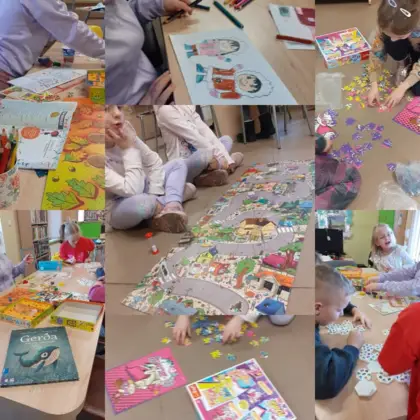 Kolaż zdjęć z zajęć bibliotecznych.