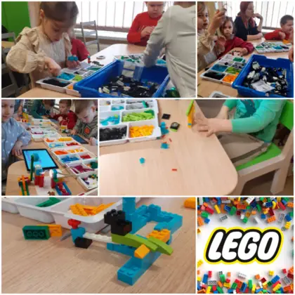 Kolaż zdjęć z zajęć bibliotecznych.