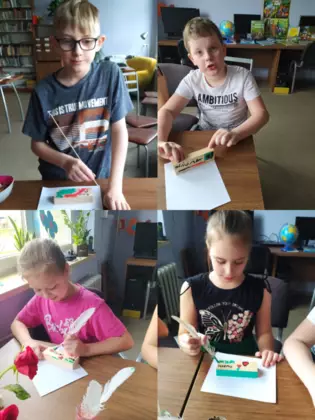 Kolaż zdjęć z zajęć literacko-plastycznych.