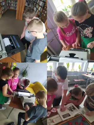 Kolaż zdjęć z zajęć literacko-plastycznych.