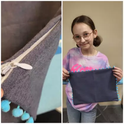 Kolaż zdjęć z warsztatów szycia poduszek na maszynie.