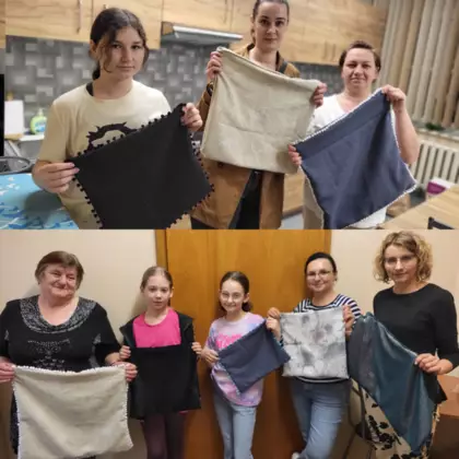 Kolaż zdjęć z warsztatów szycia poduszek na maszynie.