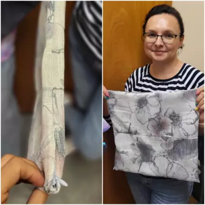 Kolaż zdjęć z warsztatów szycia poduszek na maszynie.