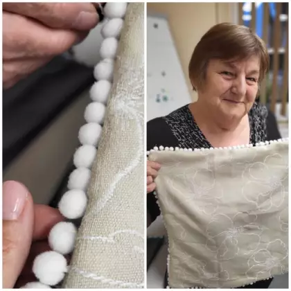 Kolaż zdjęć z warsztatów szycia poduszek na maszynie.