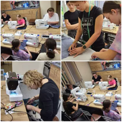 Kolaż zdjęć z warsztatów szycia poduszek na maszynie.