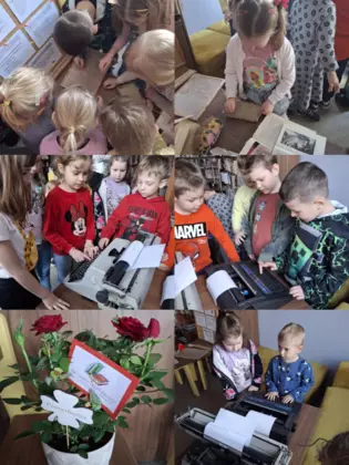 Kolaż zdjęć z zajęć literacko-plastycznych.