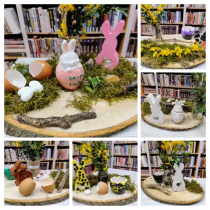 Kolaż zdjęć z zajęć bibliotecznych.