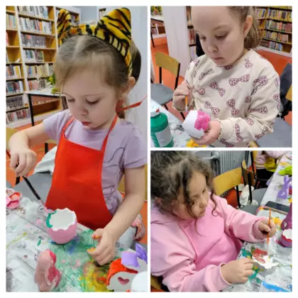 Kolaż zdjęć z zajęć bibliotecznych.