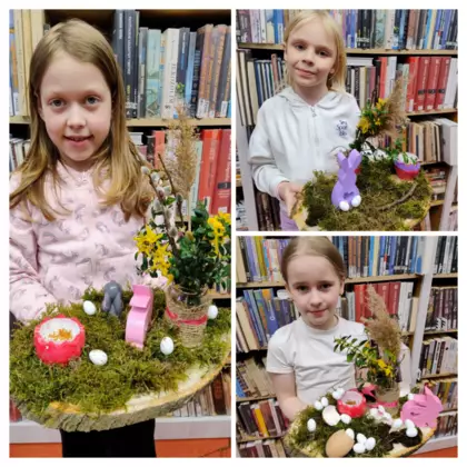 Kolaż zdjęć z zajęć bibliotecznych.