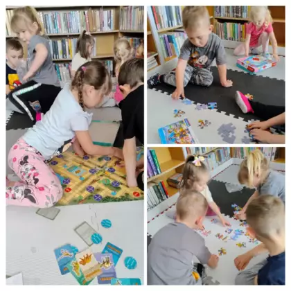 Kolaż zdjęć z zajęć bibliotecznych.