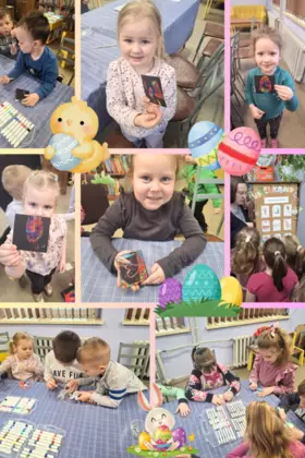 Kolaż zdjęć. Dzieci w trakcie robienia swoich zajączków i skrobanych pisanek.