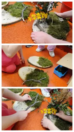 Kolaż zdjęć z zajęć bibliotecznych.