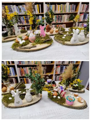 Kolaż zdjęć z zajęć bibliotecznych.