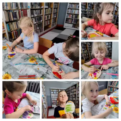 Kolaż zdjęć z zajęć bibliotecznych.