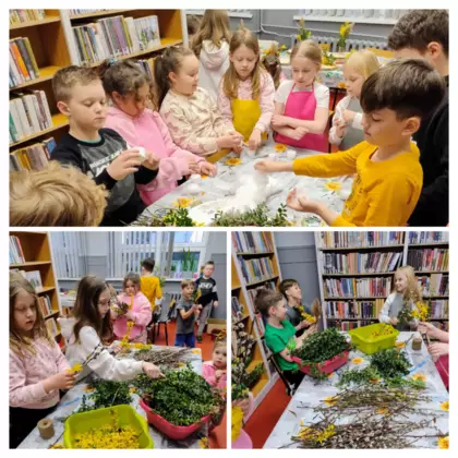 Kolaż zdjęć z zajęć bibliotecznych.