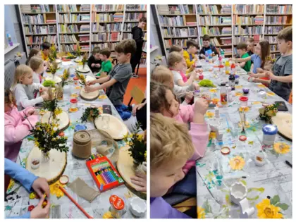 Kolaż zdjęć z zajęć bibliotecznych.