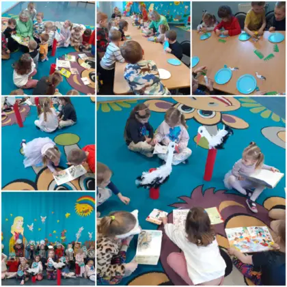 Kolaż zdjęć ze spotkania pani bibliotekarki z przedszkolakami w Kośmidrach.