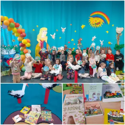 Kolaż zdjęć ze spotkania pani bibliotekarki z przedszkolakami w Kośmidrach.