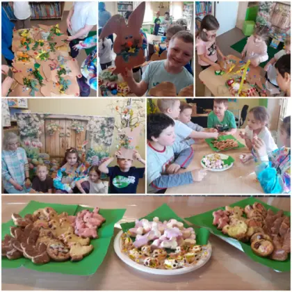 Kolaż zdjęć z zajęć w bibliotece w Kośmidrach.