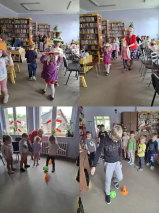 Kolaż zdjęć z zajęć bibliotecznych.