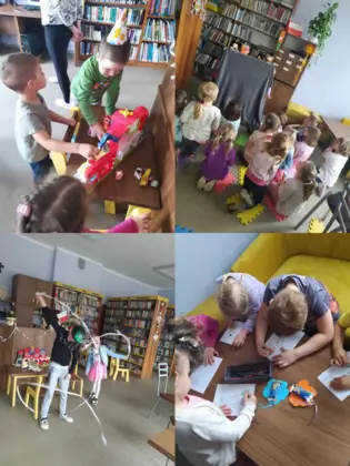 Kolaż zdjęć z zajęć bibliotecznych.