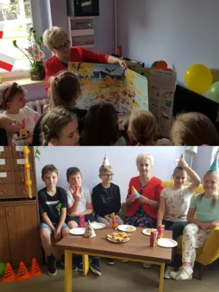 Kolaż zdjęć z zajęć bibliotecznych.