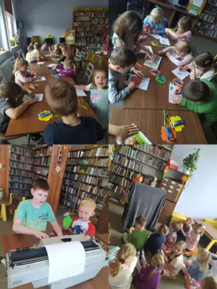 Kolaż zdjęć z zajęć bibliotecznych.