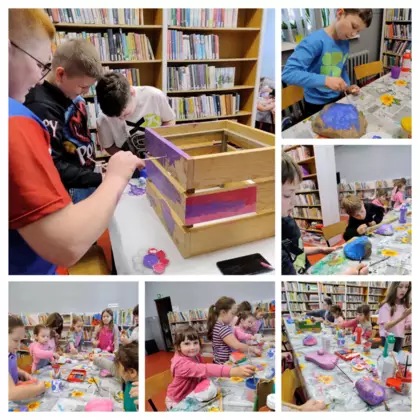 Kolaż zdjęć z zajęć bibliotecznych.