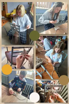 Kolaż zdjęć. UCzestnicy w trakcie zaplatania sznurków.