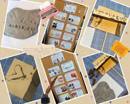 Prace dzieci. Dzieci próbowały pisać na różnych powierzchniach. kolaż zdjęć.